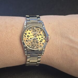 Leopard Print Face Silver-Tone Bracelet Watch